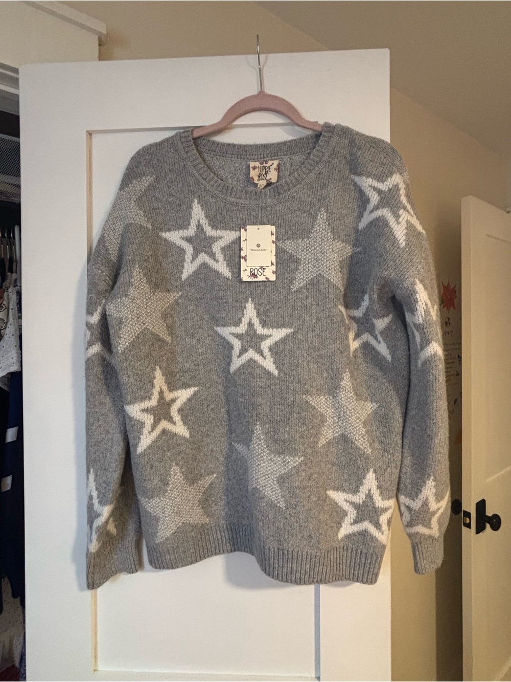 Women's Hippie Rose Gray Star Pattern Crewneck Sweater